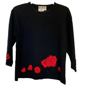 Vintage I.K.C. Wool Red Black Chic Retro Embroidered Floral Sequins Sweater M